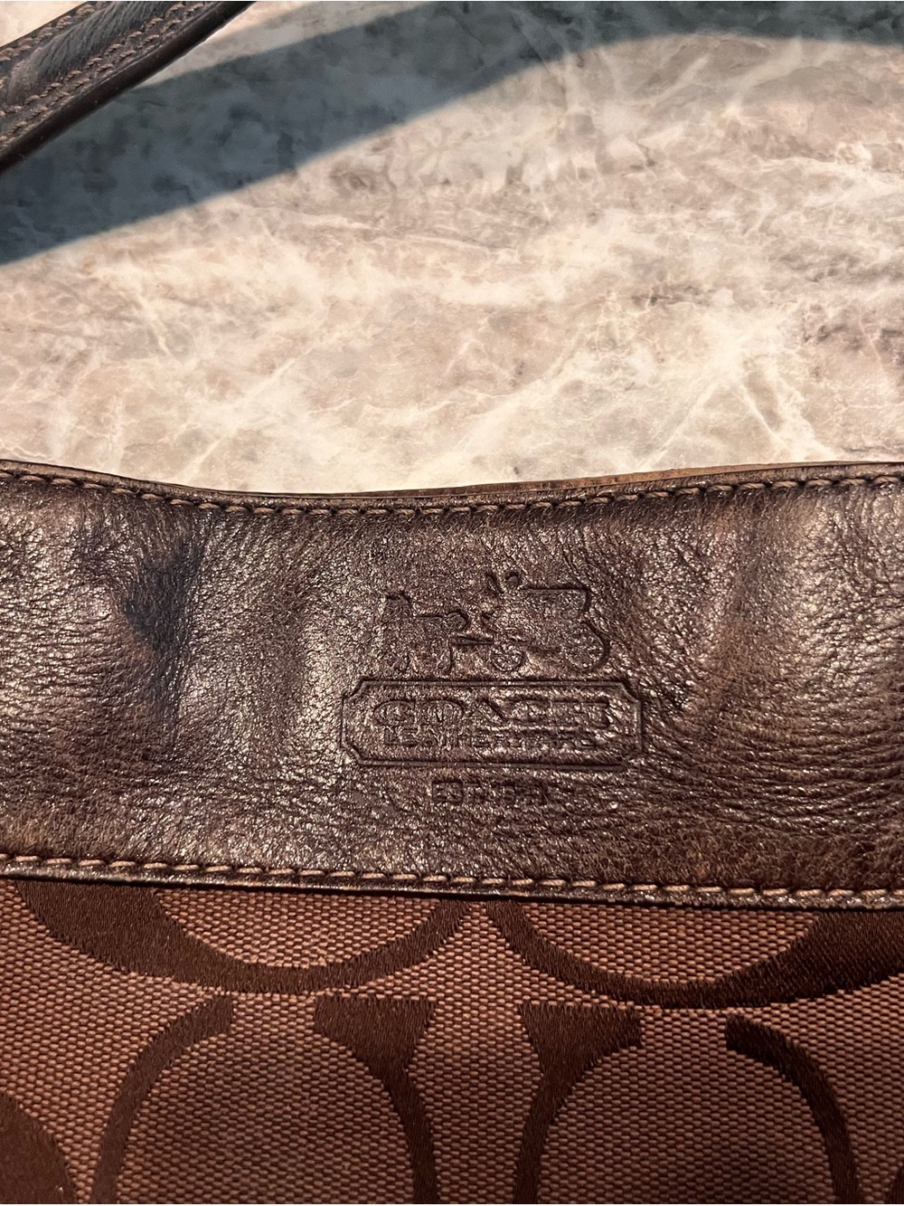 Coach Brown Signature Canvas Shoulder Bag with Dark Brown Leather Trim